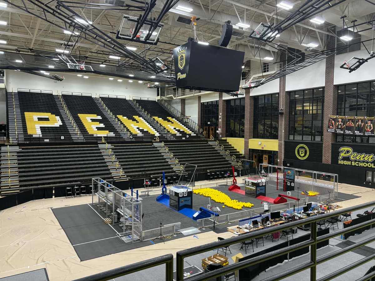 Penn High School gym set up for the FIN District Mishawaka FIRST Robotics Competition event, March 2026